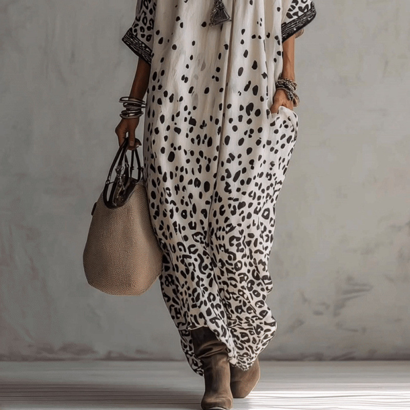 Flowy And Loose Leopard Print Mid Sleeve Dress (Buy 2 Free Shipping)