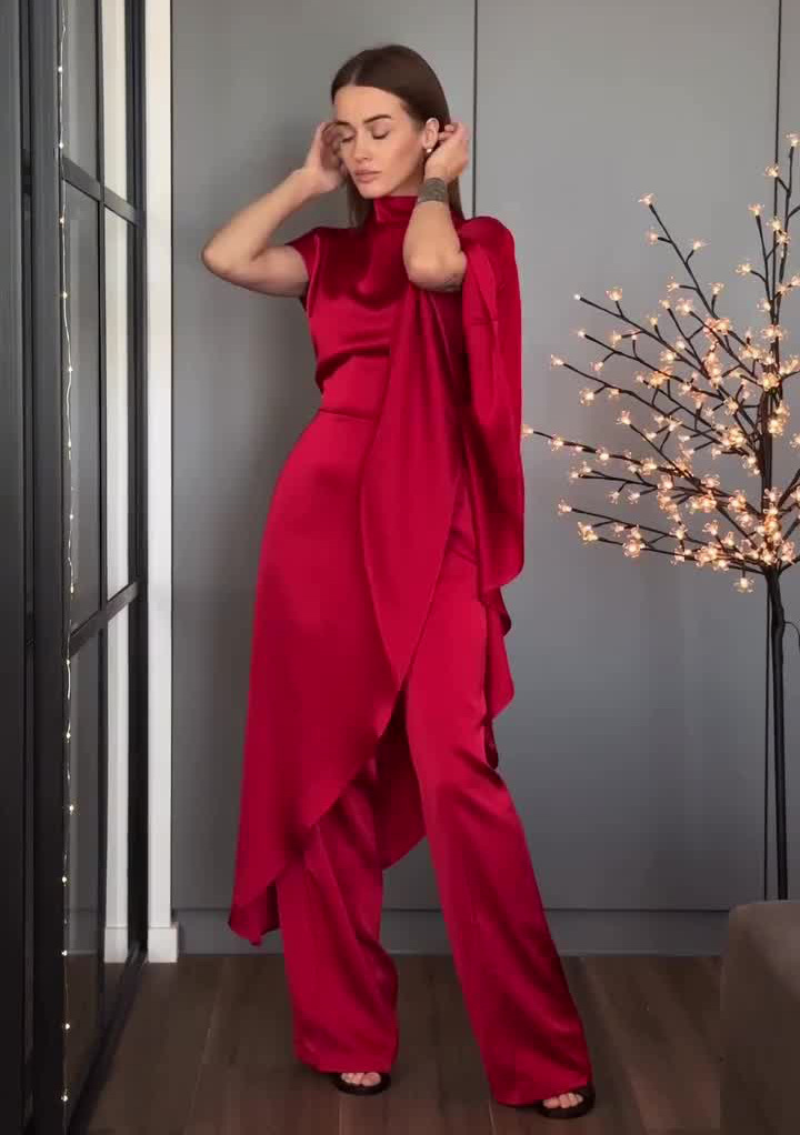 Slim-fit, off-shoulder satin top and pants two-piece set(Buy 2 free Shipping)