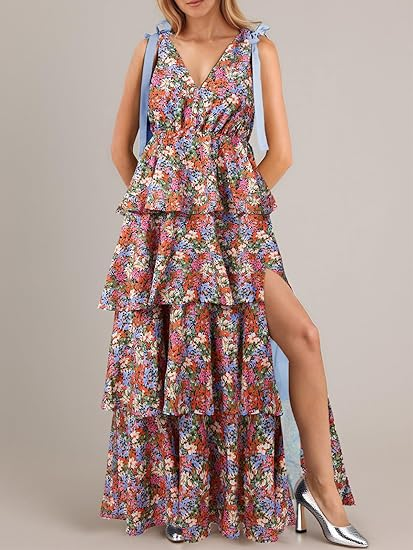 Womens Summer Sleeveless V Neck Floral Maxi Dress with Tie Strap- Boho Ruffle Tiered Beach Dresses (Buy 2 Free Shipping)