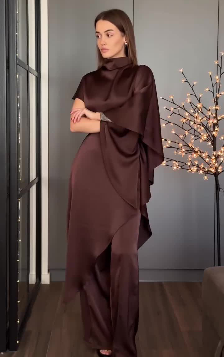 Slim-fit, off-shoulder satin top and pants two-piece set(Buy 2 free Shipping)