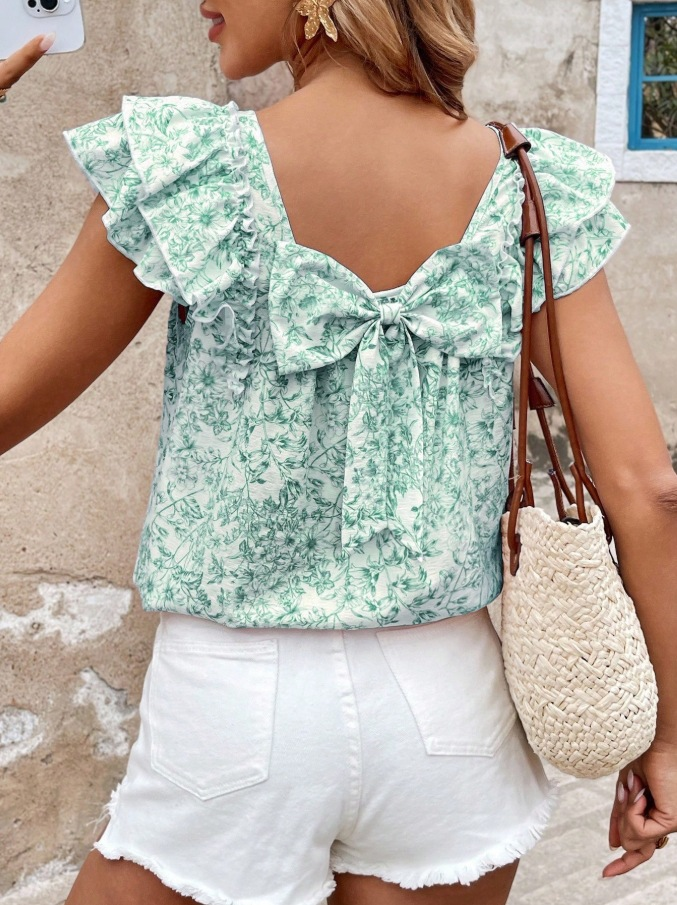 Short-Sleeve Shirt with Double-Layer Ruffles and Bow Accent