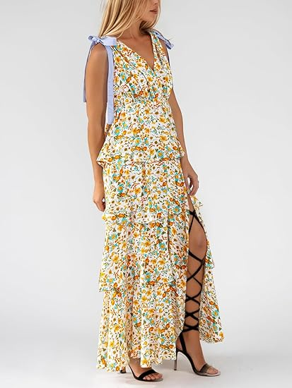 Womens Summer Sleeveless V Neck Floral Maxi Dress with Tie Strap- Boho Ruffle Tiered Beach Dresses (Buy 2 Free Shipping)