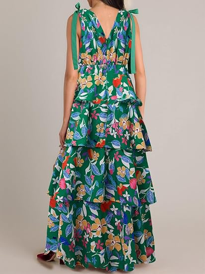 Womens Summer Sleeveless V Neck Floral Maxi Dress with Tie Strap- Boho Ruffle Tiered Beach Dresses (Buy 2 Free Shipping)