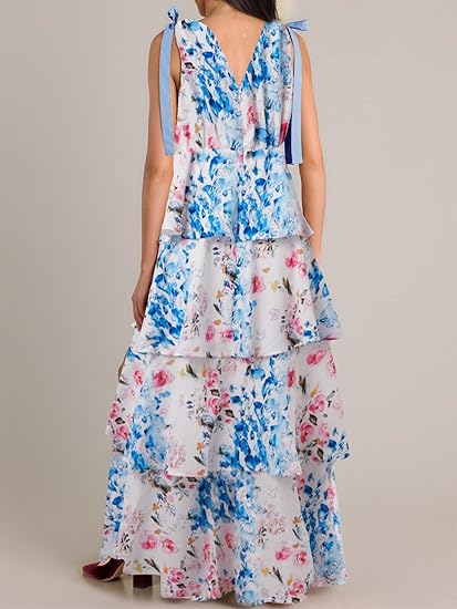 Womens Summer Sleeveless V Neck Floral Maxi Dress with Tie Strap- Boho Ruffle Tiered Beach Dresses (Buy 2 Free Shipping)