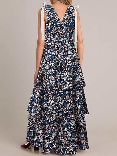 Womens Summer Sleeveless V Neck Floral Maxi Dress with Tie Strap- Boho Ruffle Tiered Beach Dresses (Buy 2 Free Shipping)