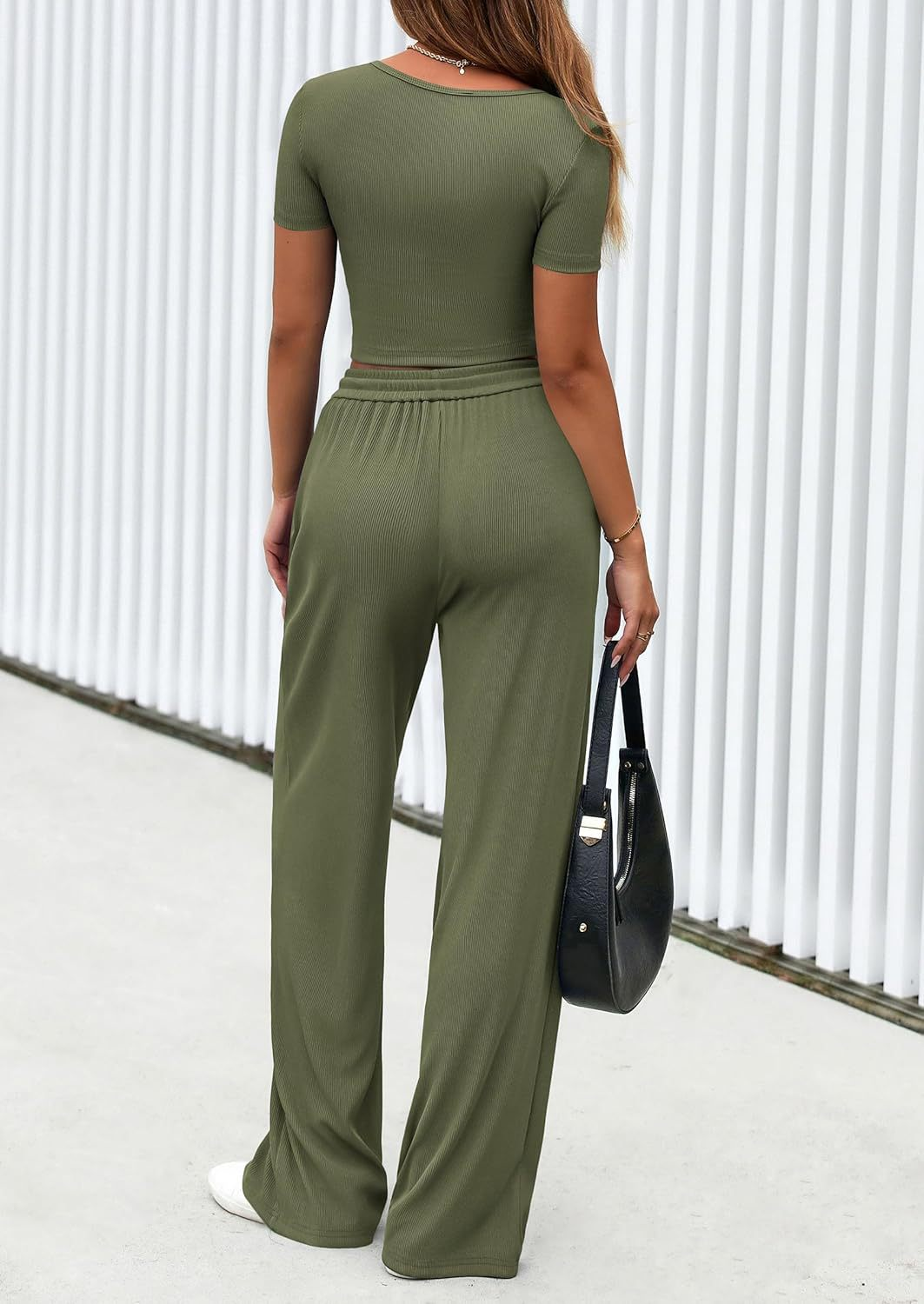 Women's 2-Piece Outfits Summer Ribbed Knit Button Short Sleeve Crop Slim Fit Tops & Wide Leg Pants Lounge Sets （Buy 2 Free Shipping)