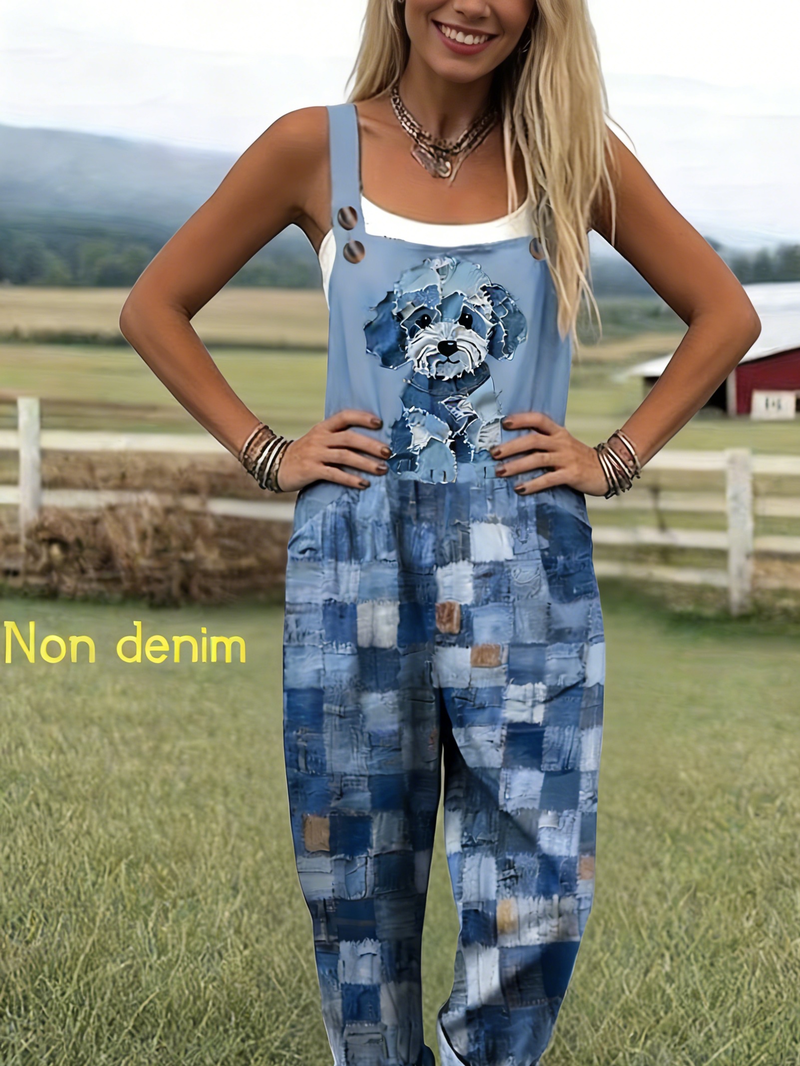 Puppy Imitation Denim Patchwork Print Loose Casual Sleeveless Overalls（Buy 2 Free Shipping)