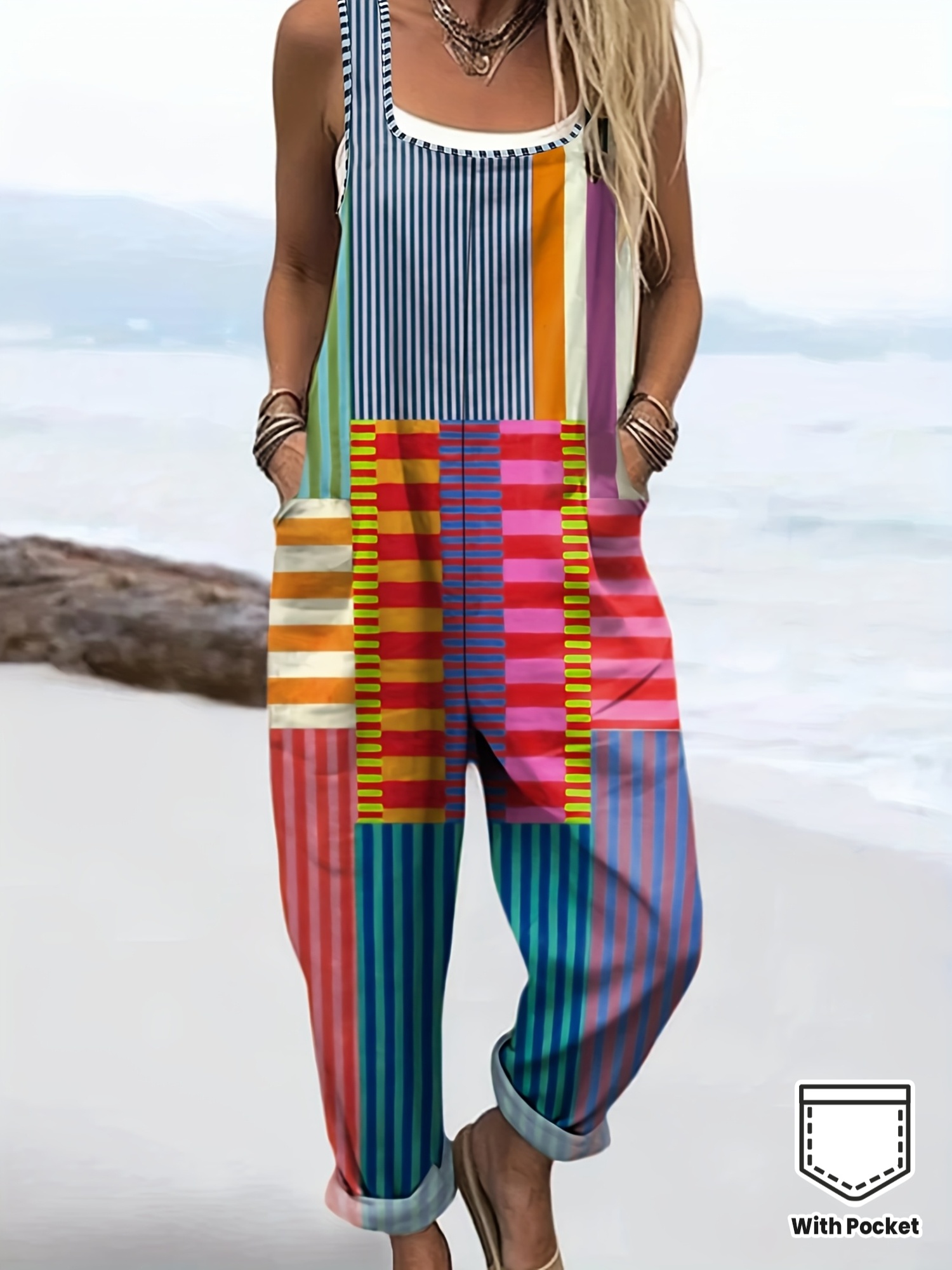 Colorful Striped Pockets And a Square Neckline Overalls（Buy 2 Free Shipping)
