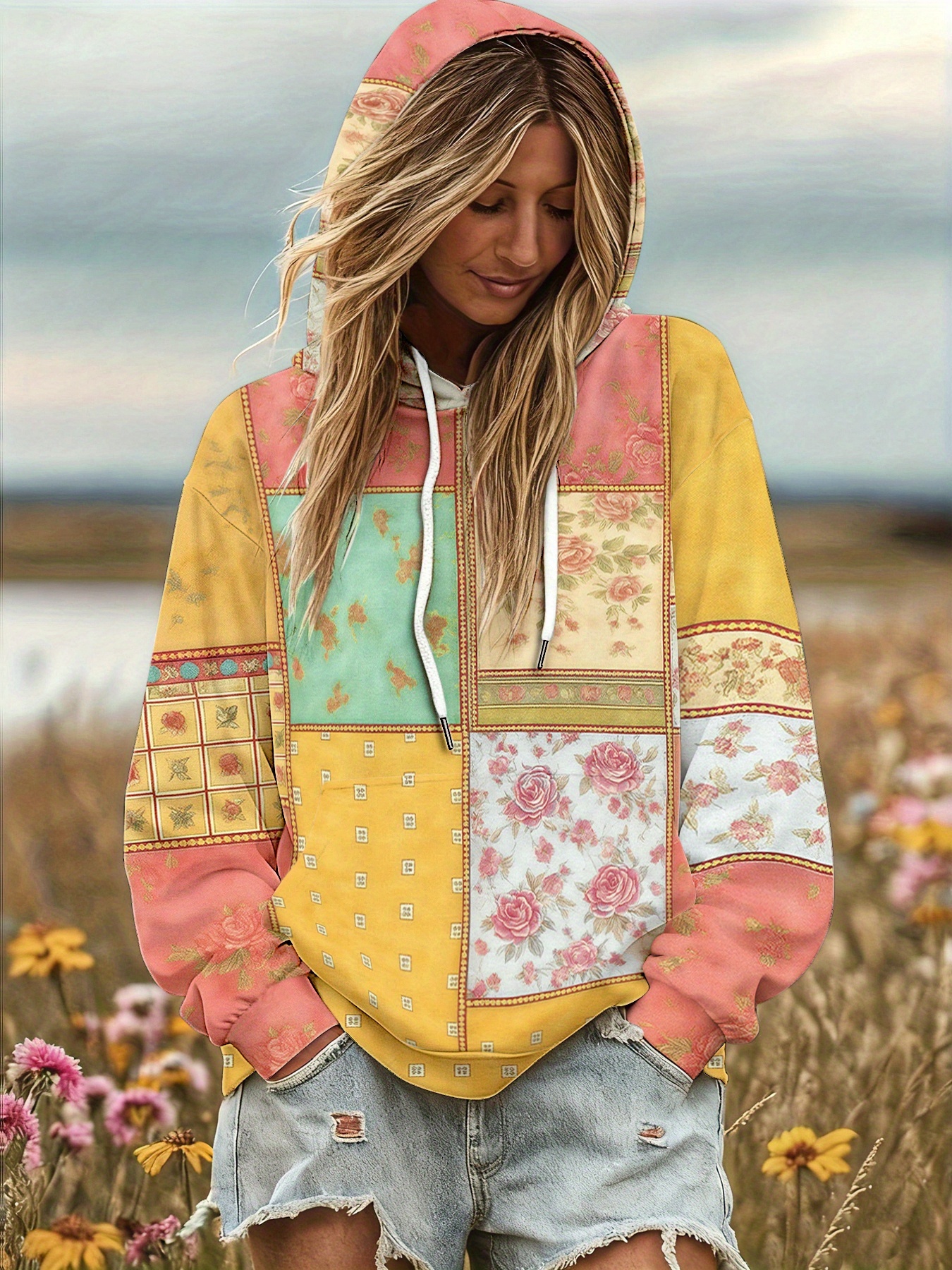 Vintage Bohemian Style Floral Digital Print Pullover Hoodie（Buy 2 Free Shipping)