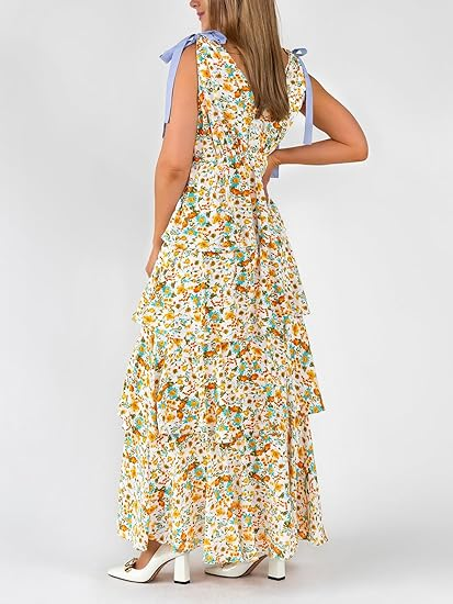 Womens Summer Sleeveless V Neck Floral Maxi Dress with Tie Strap- Boho Ruffle Tiered Beach Dresses (Buy 2 Free Shipping)