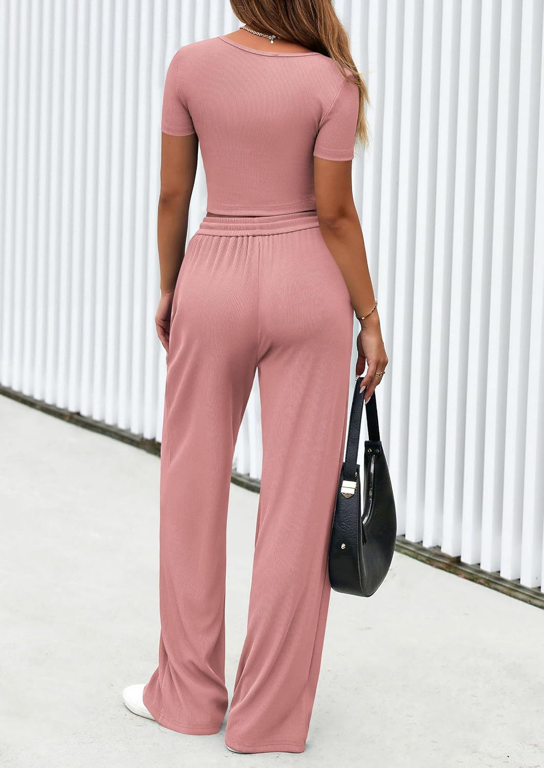 Women's 2-Piece Outfits Summer Ribbed Knit Button Short Sleeve Crop Slim Fit Tops & Wide Leg Pants Lounge Sets （Buy 2 Free Shipping)