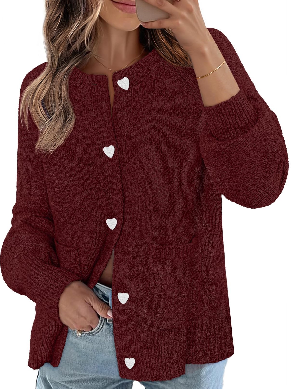 HOT SALE Women's Chunky Knit Cute Heart Button Cardigan Sweater
