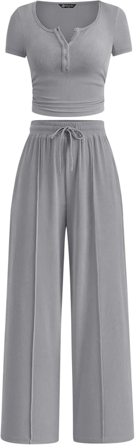 Women's 2-Piece Outfits Summer Ribbed Knit Button Short Sleeve Crop Slim Fit Tops & Wide Leg Pants Lounge Sets （Buy 2 Free Shipping)