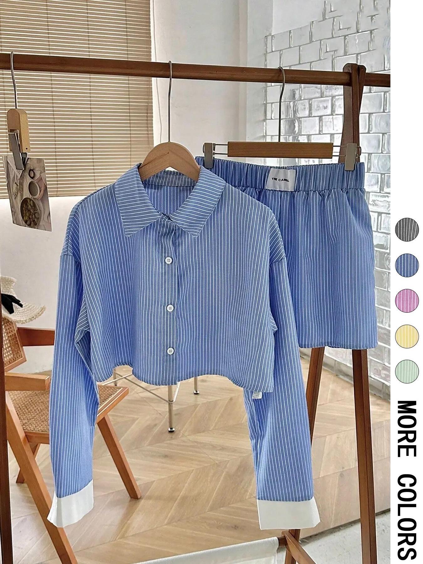 Women's Striped Print Button Front Shirt & Shorts Two-Piece Set  (Buy 2 Free Shipping)