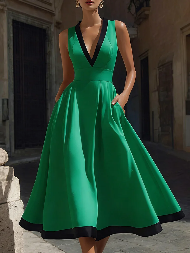 Elegant Color Block V Neck Midi Dress