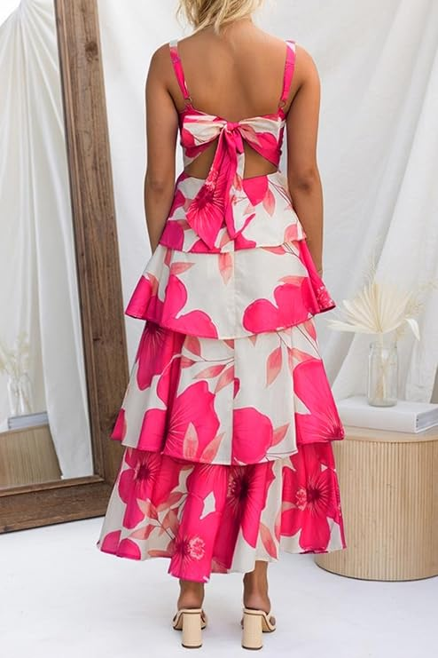 Womens Summer Floral Maxi Dresses Sleeveless Spaghetti Strap Tie Back Ruffle Tiered Flowy Dresses (Buy 2 Free Shipping)
