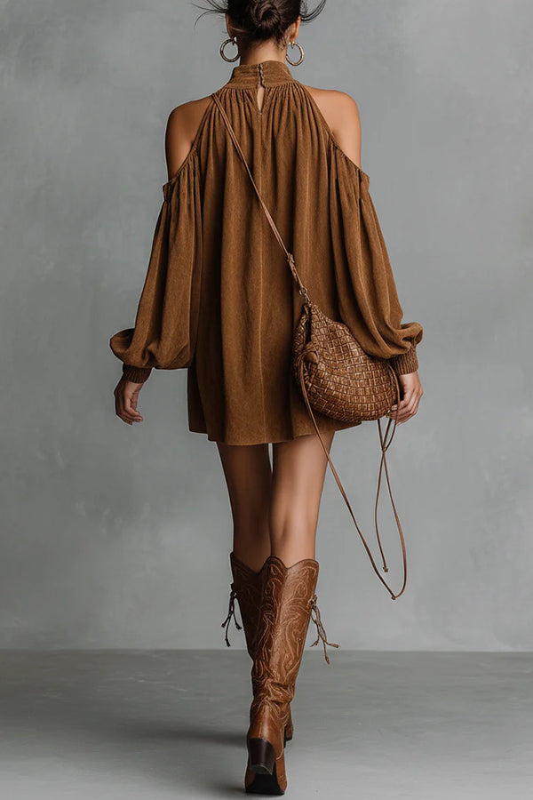Stylish Off-shoulder Lantern-sleeved Suede Loose Mini Dress（Buy 2 Free Shipping)
