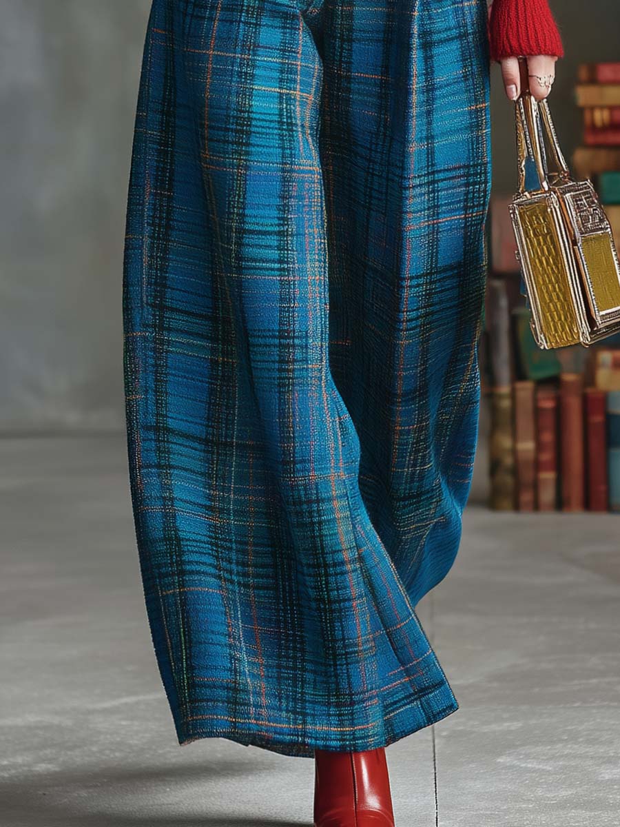 Vintage Fashion Versatile Blue Plaid Wide-leg Pants（Buy 2 Free Shipping)