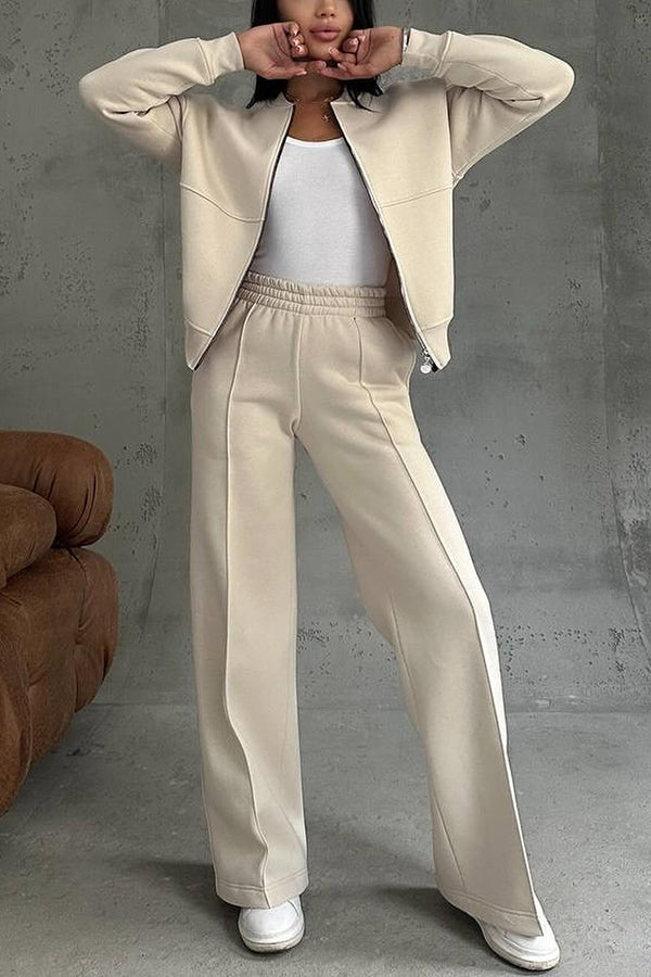 Solid Color Casual Long Sleeve Zipper Jacket and Elastic Waist Pocket Wide Leg Pants Set （Buy 2 Free Shipping)