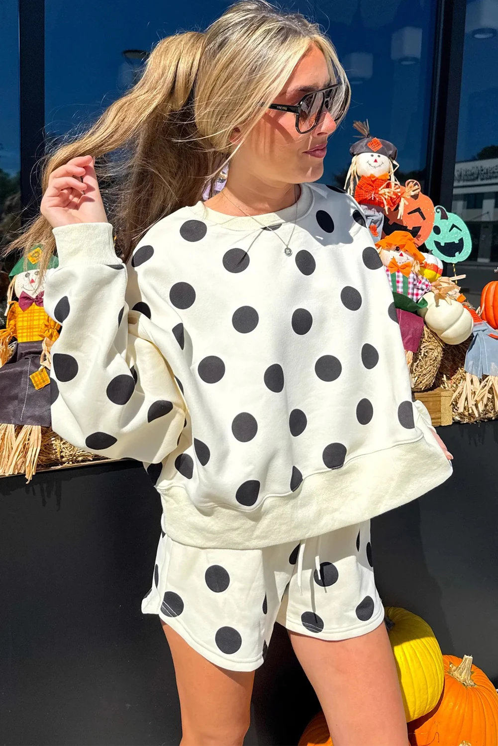 Polka Dot Print Drop Shoulder Pullover Drawstring Shorts Set（Buy 2 Free Shipping)