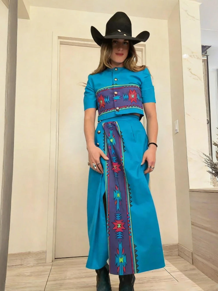 Turquoise Aztec Western Crop Top & Skirt Set