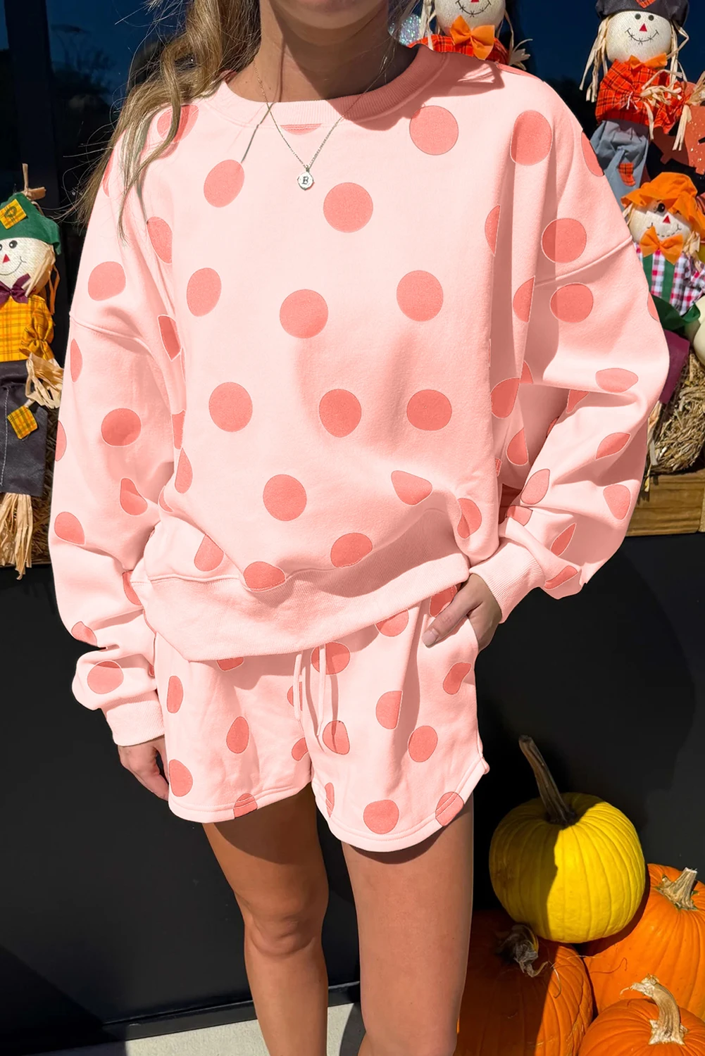 Polka Dot Print Drop Shoulder Pullover Drawstring Shorts Set（Buy 2 Free Shipping)