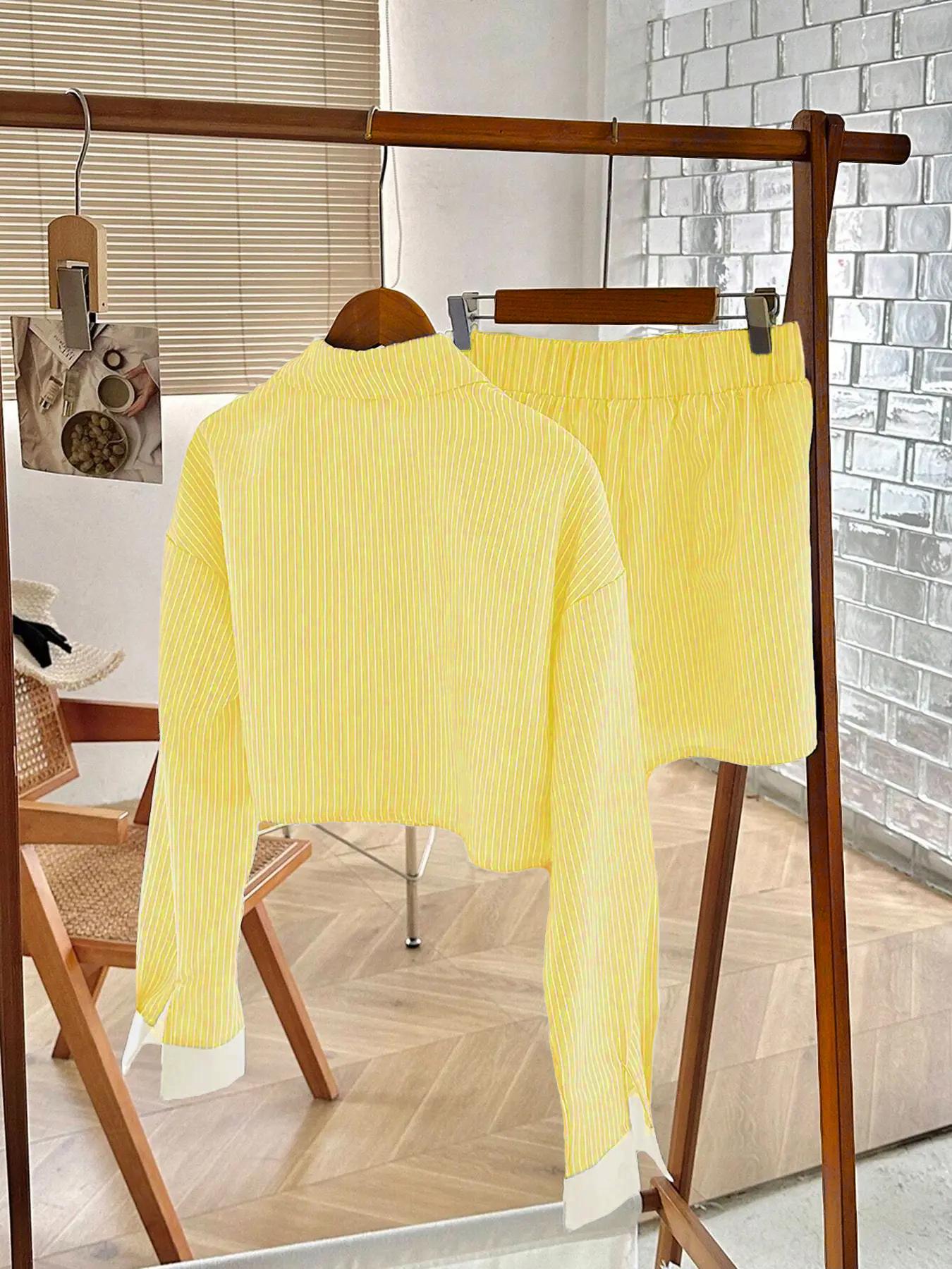 Women's Striped Print Button Front Shirt & Shorts Two-Piece Set  (Buy 2 Free Shipping)