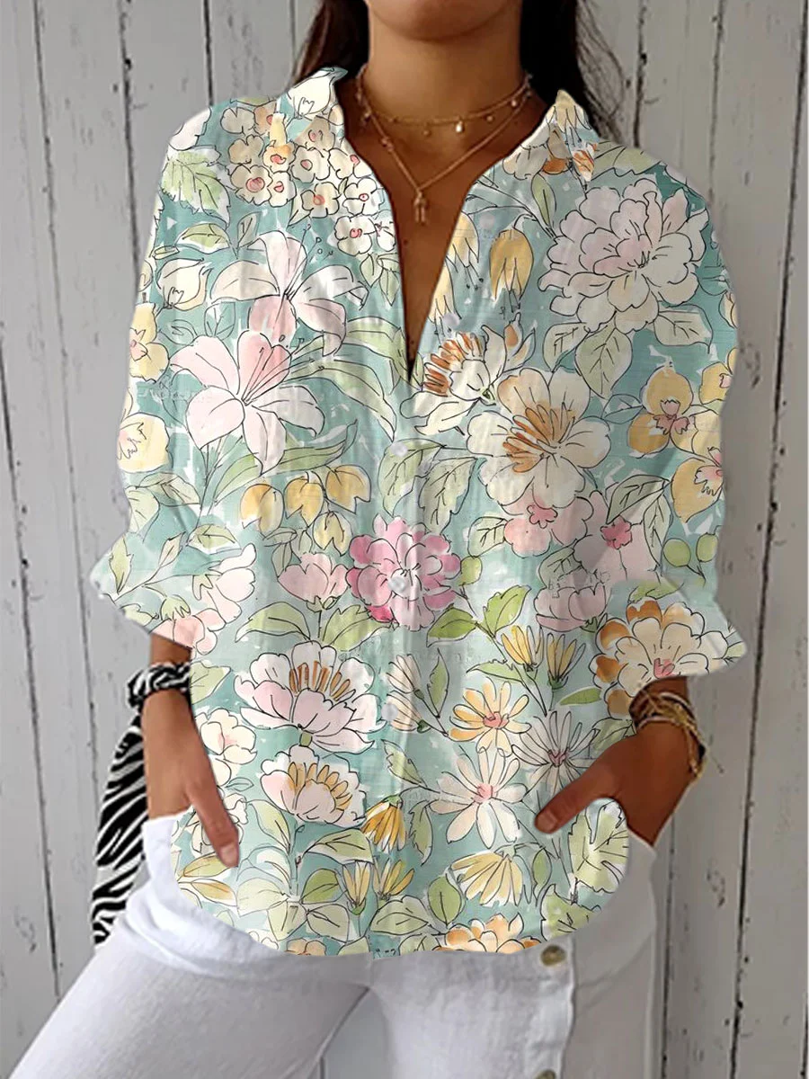 Women's Vintage Abstract Floral Art Print Linen V-Neck Shirt（Buy 2 Free Shipping)