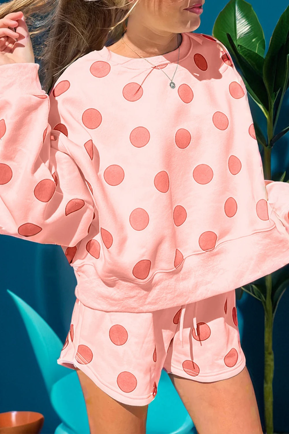 Polka Dot Print Drop Shoulder Pullover Drawstring Shorts Set（Buy 2 Free Shipping)