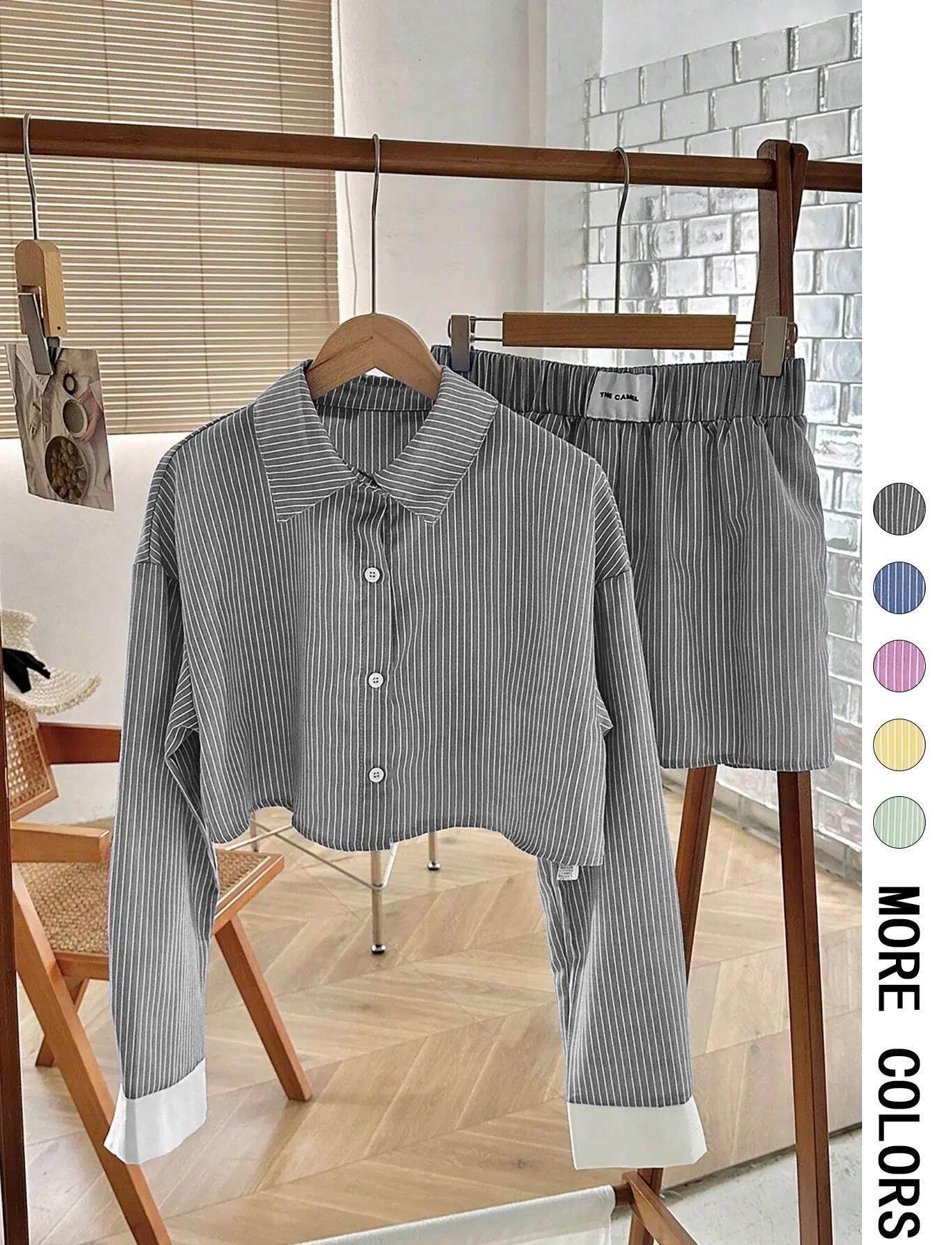 Women's Striped Print Button Front Shirt & Shorts Two-Piece Set  (Buy 2 Free Shipping)