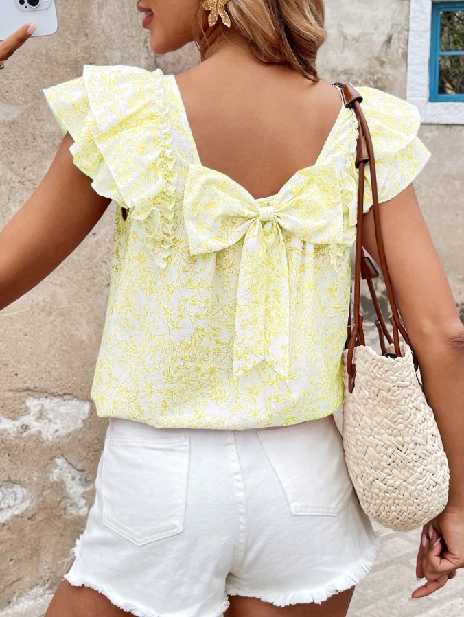 Short-Sleeve Shirt with Double-Layer Ruffles and Bow Accent