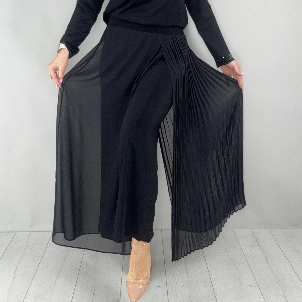 Sheer Overlay Pleated Culotte Trousers （Buy 2 Free Shipping)