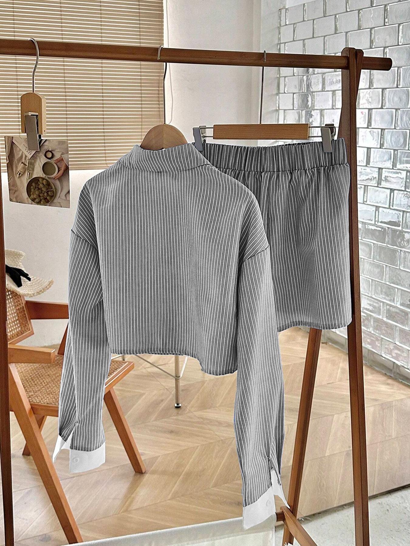 Women's Striped Print Button Front Shirt & Shorts Two-Piece Set  (Buy 2 Free Shipping)