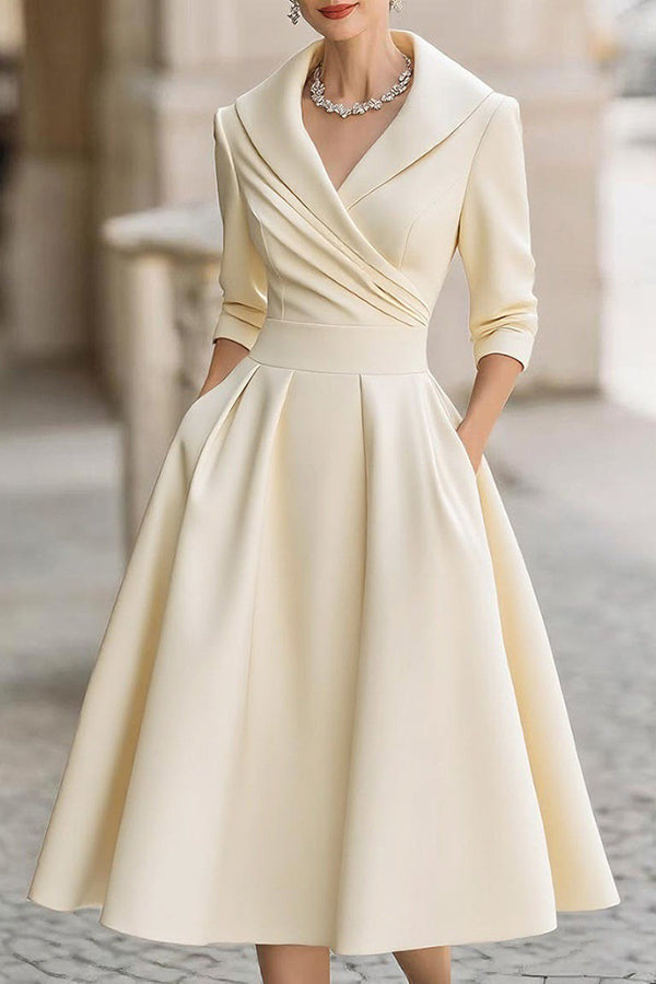 Solid Color Elegant Long Sleeve Waist Pocket Midi Dress(Buy 2 Free Shipping)