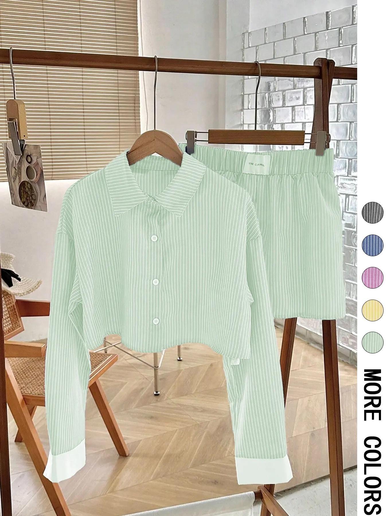 Women's Striped Print Button Front Shirt & Shorts Two-Piece Set  (Buy 2 Free Shipping)