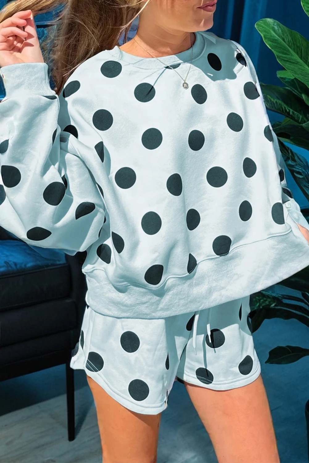 Polka Dot Print Drop Shoulder Pullover Drawstring Shorts Set（Buy 2 Free Shipping)