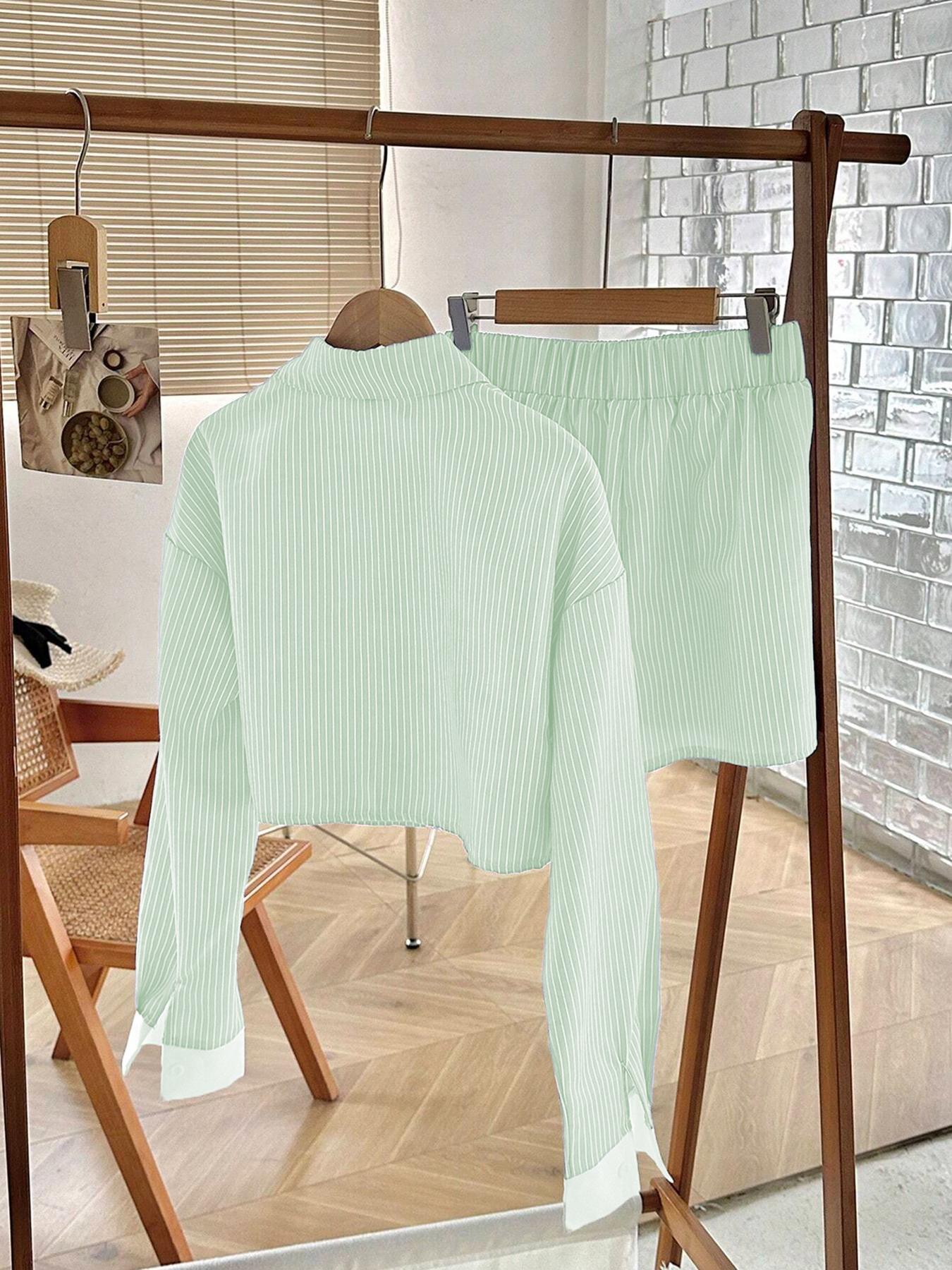 Women's Striped Print Button Front Shirt & Shorts Two-Piece Set  (Buy 2 Free Shipping)