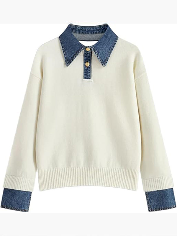 Women Laple Collar Denim Patchwork Sweater Casual Top