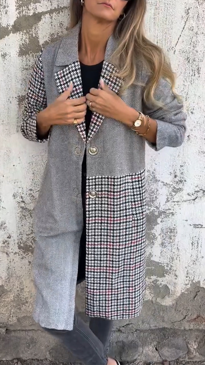 Women Laple Collar Patchwork Plaid Temperament Casual Coat
