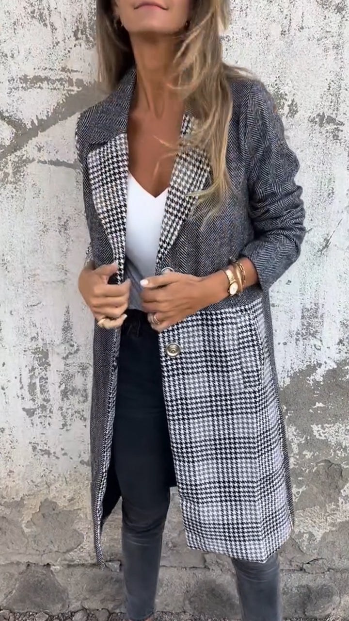 Women Laple Collar Patchwork Plaid Temperament Casual Coat