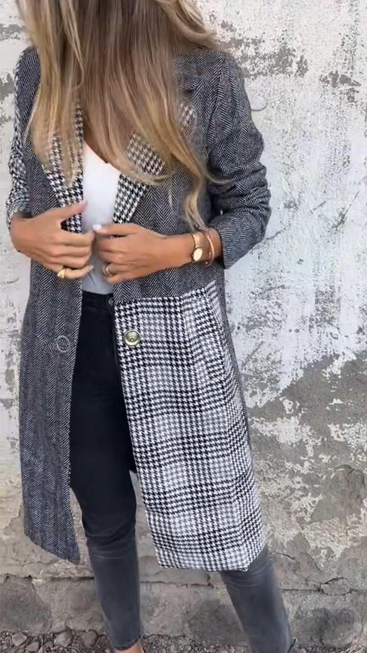 Women Laple Collar Patchwork Plaid Temperament Casual Coat