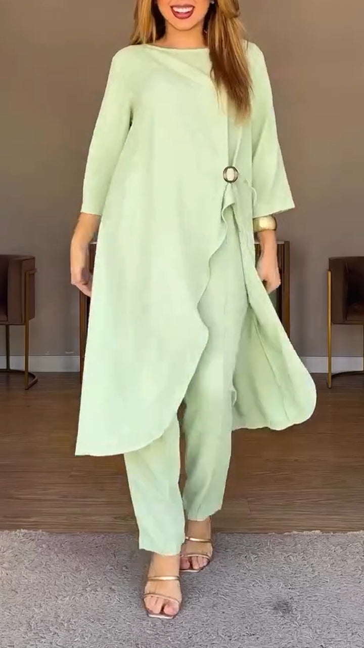 Women Round Neck Irregular Long Top+ Pants Loose Casual Suit