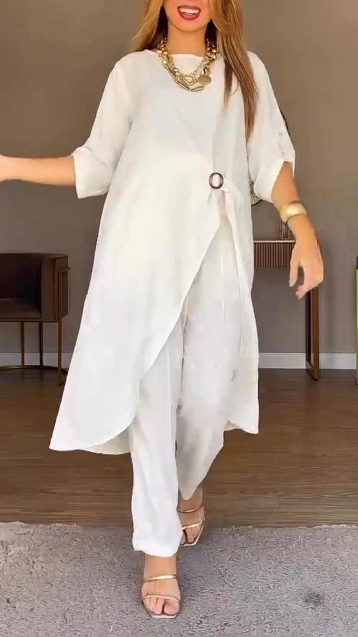 Women Round Neck Irregular Long Top+ Pants Loose Casual Suit