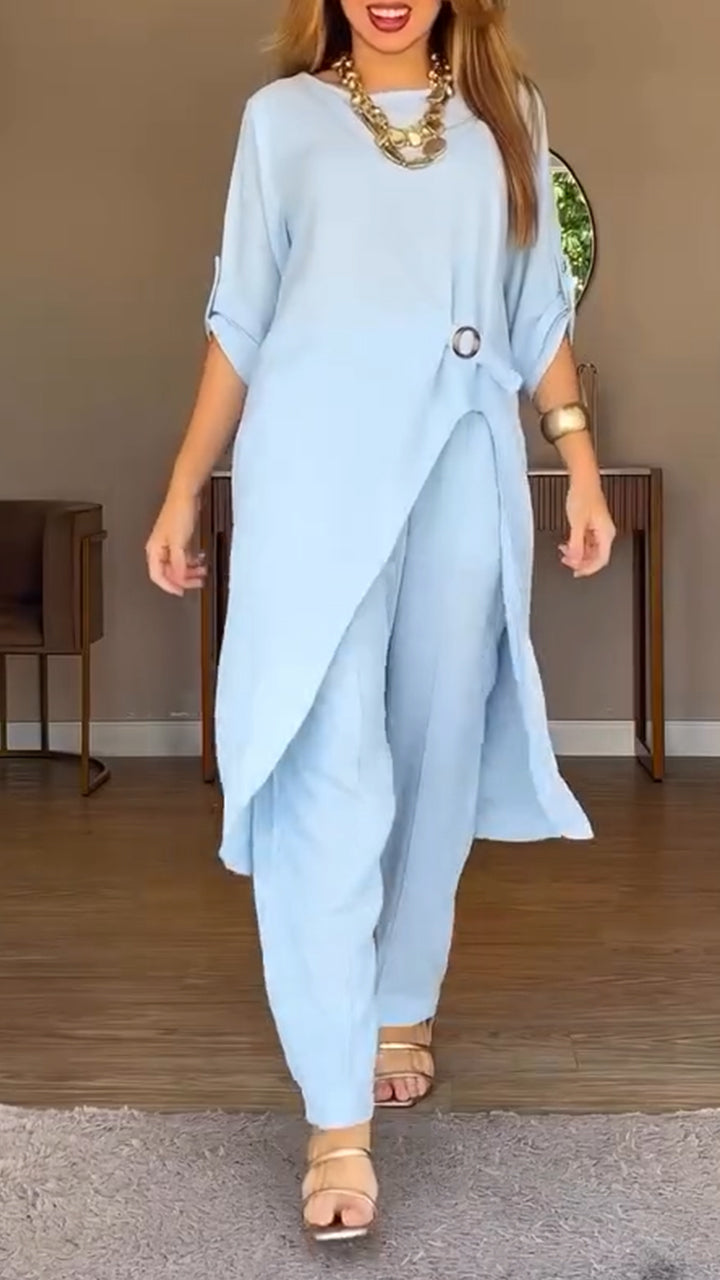 Women Round Neck Irregular Long Top+ Pants Loose Casual Suit