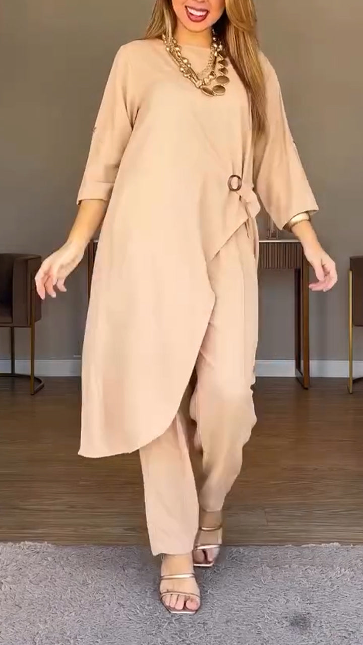 Women Round Neck Irregular Long Top+ Pants Loose Casual Suit