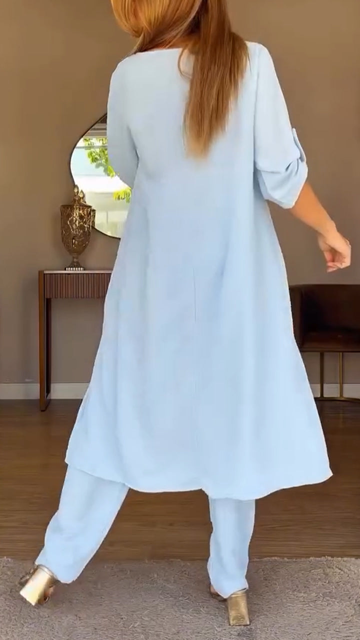 Women Round Neck Irregular Long Top+ Pants Loose Casual Suit