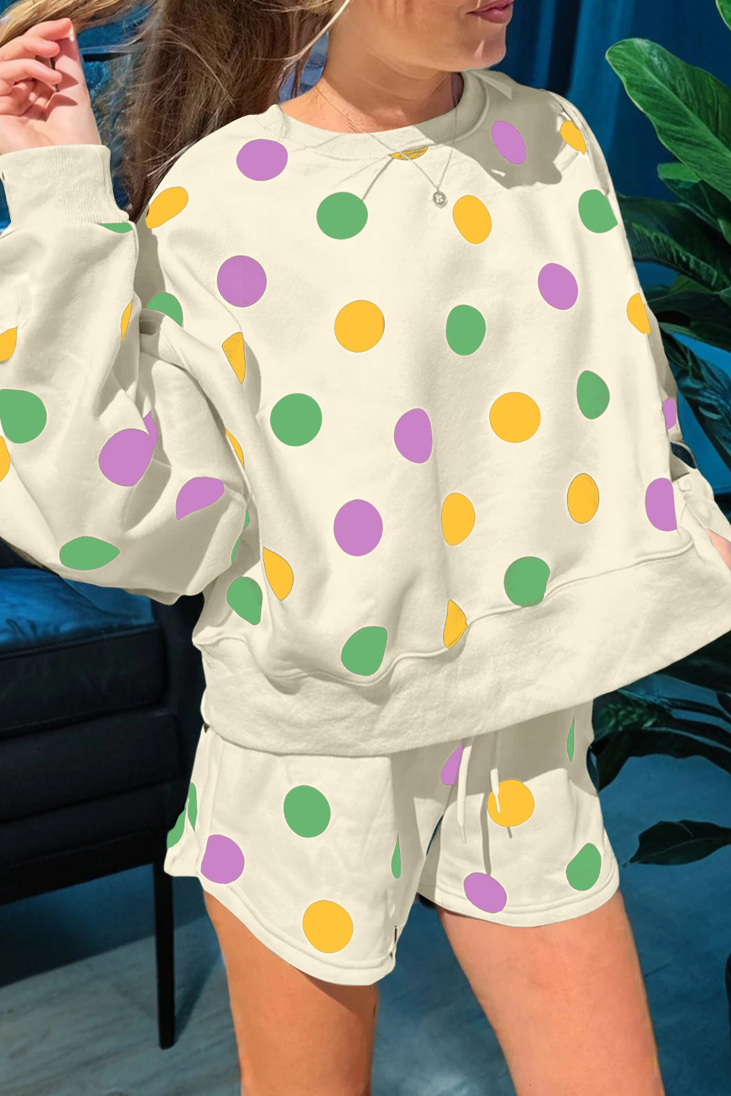 Polka Dot Print Drop Shoulder Pullover Drawstring Shorts Set（Buy 2 Free Shipping)