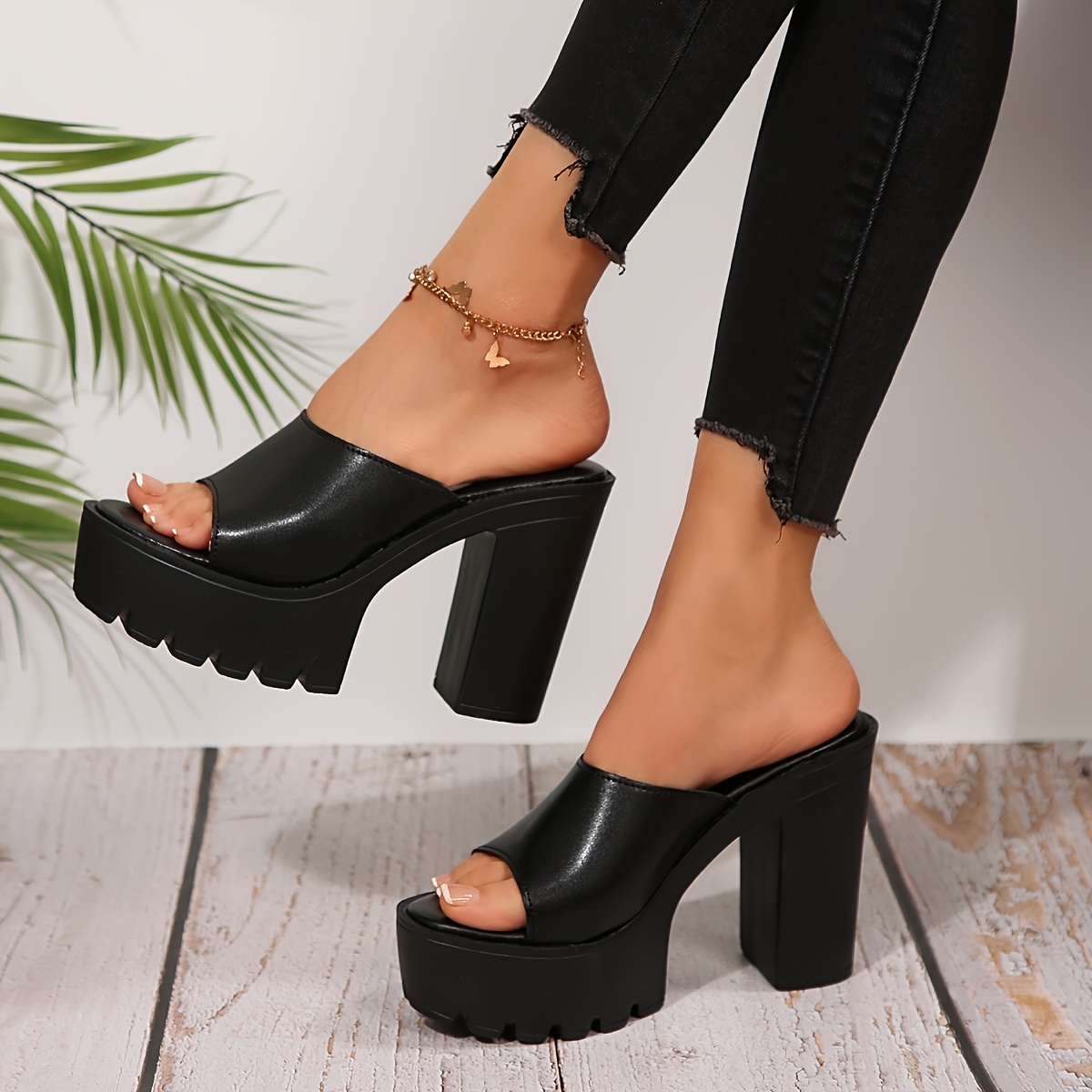 Women's New Spring/Summer Black Single-Strap Platform Chunky Heel Solid Color High Heel Sandals