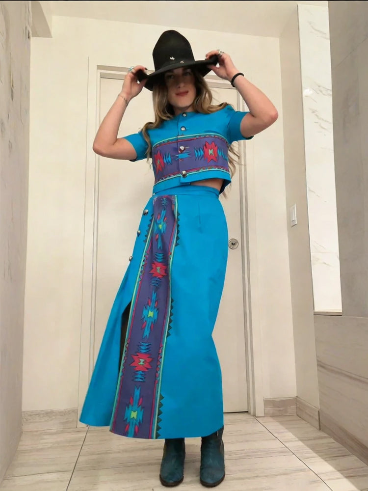 Turquoise Aztec Western Crop Top & Skirt Set