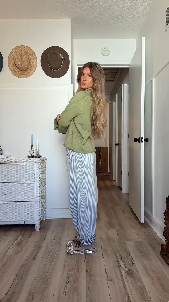 Olive Knit Fisherman Sweater and Blue Striped Pants  Set (Buy 2 Free Shipping)